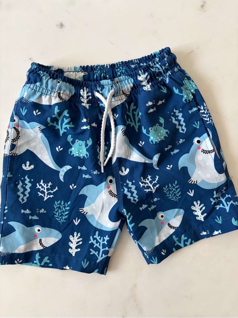 Boys Navy Shark Print Swim Trunks with Drawstring